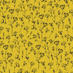 Seamless pattern with hand drawn meadow flowers in Ditsy style. Outlined illustrations on ochre background for surface design and other design projects