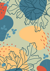 Botanical  art. Abstract organic vector shapes, leaves, plants. Natural elements in doodle style for template, cover, poster, greeting card, frame, background. Modern graphics for holiday. Stylish