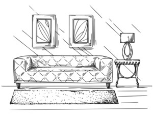 Living room interior sketch. Sofa and other furniture for the recreation area. Vector - 457830195