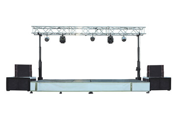 Stage with light equipment and audio sound speakers isolated over white