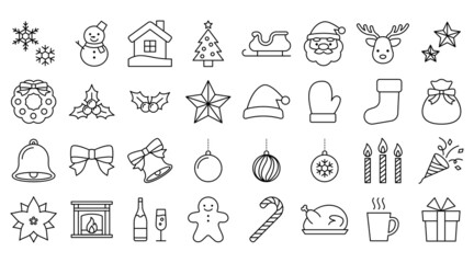 細いラインのクリスマスアイコンセット　Thin Line Christmas Vector Icons