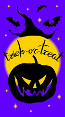 Vector halloween illustration for stories wallpaper. Black silhouettes of smiling pumpkin Jack o lantern, flying bats, lettering, witch hat on night sky with round yellow full moon and stars.  