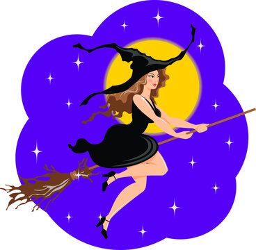 Vector illustration: young attractive witch wearing magic hat flying on broom in the night sky with round, yellow full moon and stars. Elements for halloween decor of card, poster, invitation.