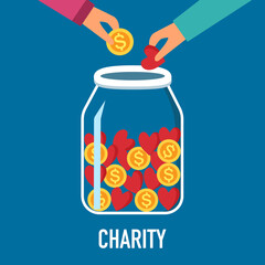 Fototapeta premium Hands putting money and red heart in to the donation jar in flat design. Time for charity concept vector illustration. Kindness to poverty.