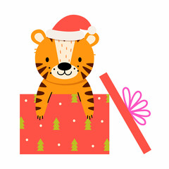 Cute tiger in gift Christmas box.Year of the Tiger. Vector illustration.