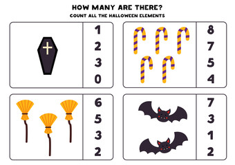 Counting game with Halloween pictures. Math worksheet.