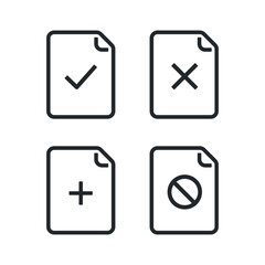 flat vector illustration isolated on white background, document line icon with check and cross mark, plus and prohibiting sign