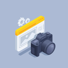 isometric vector illustration on gray background, SLR camera near image editing program window, web gallery