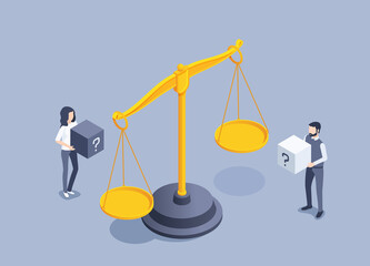 isometric vector illustration on gray background, vintage scales and a man with a woman holding cubes with a question mark, justice or equalization in rights, weight measurement - obrazy, fototapety, plakaty