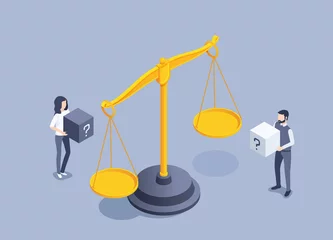 Foto op Canvas isometric vector illustration on gray background, vintage scales and a man with a woman holding cubes with a question mark, justice or equalization in rights, weight measurement © dimon_ua