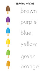 Tracing letters. Trace names of basic colors. Writing practice.