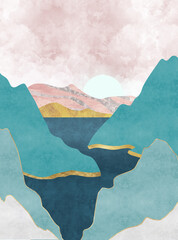 Abstract mountain landscape poster. Geometric landscape background in asian japanese style.