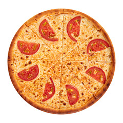 Isolated baked margherita pizza with tomatoes on white background