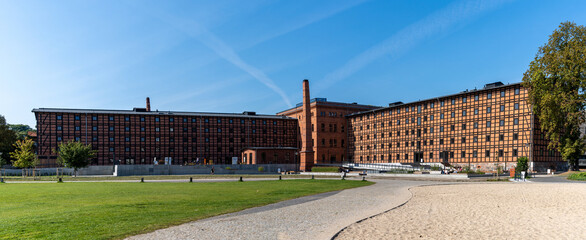 panorama view of the historic brick industrial buildings on Mill Island in the historic city center...