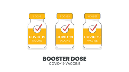 Illustrator vector of Vaccine bottle. with Booster Dose COVID-19 Text. Third booster shots vaccine after primer dose. Booster injection to increase immunity or COVID-19  vaccine booster dose concept.