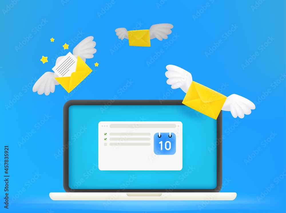 Poster mailing application on modern laptop. 3d style vector concept