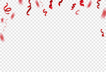 Red silk flying ribbons on transparent background. Realistic vector illustration with copy space. Banner template