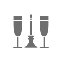 Two glasses with candle, romance grey icon.