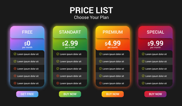 Vector Pricing Plan Banners Infographic Template Mock Up For Web. Marketing Presentation Slide. Business Labels Concept Infographics. 4 Options, Parts, Steps, Processes.