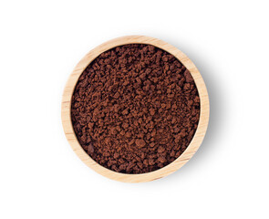 instant coffee powder or cocoa ground in wooden bowl isolated on white background. Top view. Flat lay. Clipping path.