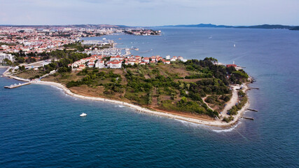 View of the beaches on Borik peninsula. Sea coast in the city of Zadar. Drone Photo. Adriatic Sea....