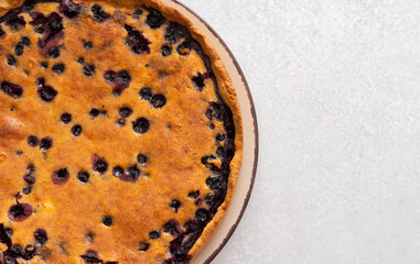 Delicious sweet pie with black currant close up, top view, copy space
