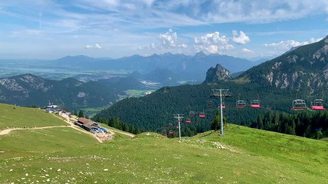 German Alps, Panoramic view of Allgäu Hochalp ropeway ski lift during a hike in the summer close to Pfronten