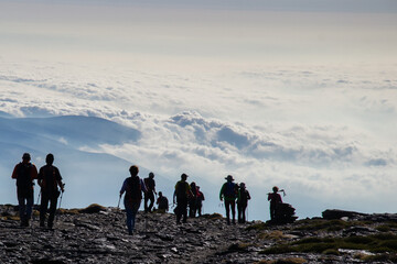 group of hikers walking towards a sea of clouds in Sierra Nevada