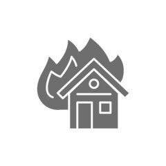 Burning house, fire insurance grey icon. Isolated on white background