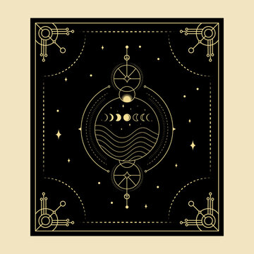 Celestial mystical tarot cards Elements of esoteric, occult, alchemical and witch symbols Zodiac signs Cards with esoteric symbols. Silhouette of hands, stars, moon and crystals spiritual vector