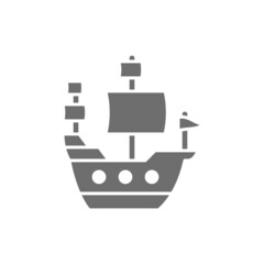 Old ship, sailing vessel, pirates transport grey icon.