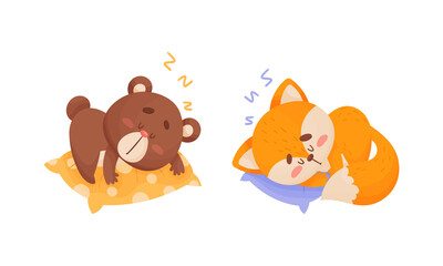 Cute Animal Character Sleeping on Soft Pillow Vector Set
