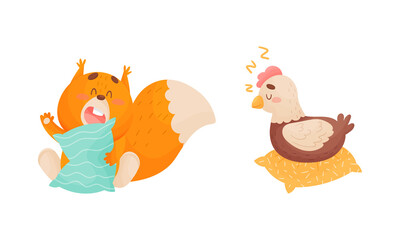 Cute Animal Character Sleeping on Pillow and Yawning Vector Set