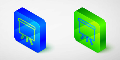 Isometric line Chalkboard icon isolated grey background. School Blackboard sign. Blue and green square button. Vector