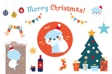 Obraz na płótnie Canvas Cute Small-clawed otter vector illustration with Christmas holidays theme. Otter wearing Santa hat.