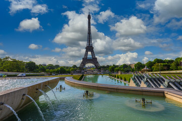 View of Eiffel Tower from Jardins du Trocadero in Paris, France.  Eiffel Tower is one of the most iconic landmarks of Paris