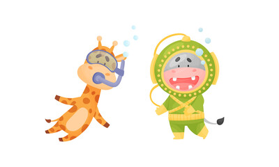 Funny Animal Character Snorkeling and Diving Underwater in Suit and Goggles Vector Set