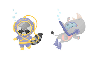 Funny Animal Character Snorkeling and Diving Underwater in Suit and Goggles Vector Set