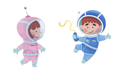 Little Kid Astronaut Wearing Spacesuit Floating Exploring the Moon Vector Set