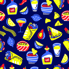 Bright seamless vector pattern with hand drawn mexican food