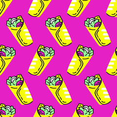 Seamless vector pattern with hand drawn burritos on pink background. - obrazy, fototapety, plakaty
