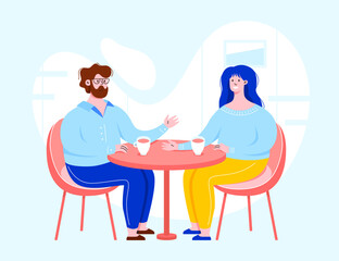 Two vector character having a conversation and sitting behind the table. People in a cafe