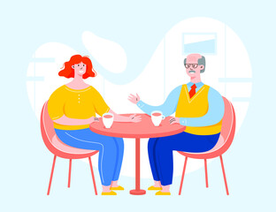 Two vector character having a conversation and sitting behind the table. People in a cafe