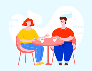 Two vector character having a conversation and sitting behind the table. People in a cafe