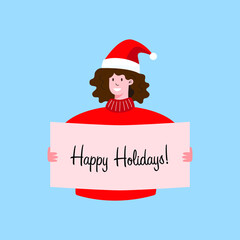 Smiling person holding a "Happy Holidays" sign, wearing red sweater and Santa hat isolated vector illustration. Flat style