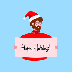 Smiling person holding a "Happy Holidays" sign, wearing red sweater and Santa hat isolated vector illustration. Flat style