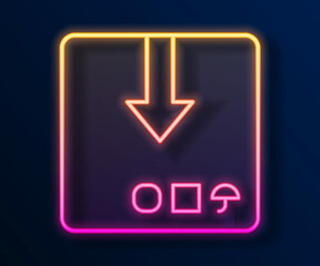 Glowing neon line Carton cardboard box icon isolated on black background. Box, package, parcel sign. Delivery and packaging. Vector