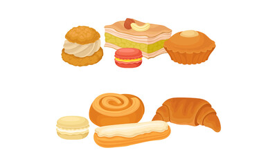 Fototapeta na wymiar Sweet Confection and Pastry with Bun and Muffin Vector Set