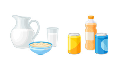 Dairy Product and Sparkling Soda Water in Can and Bottle as Healthy and Harmful Food Vector Set