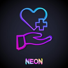 Glowing neon line Heart with a cross icon isolated on black background. First aid. Healthcare, medical and pharmacy sign. Vector